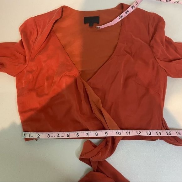 INTERMIX MODAL DEEP V NECK FAUX WRAP SIDE TIE LONG SLEEVE CROPPED BLOUSE ORANGE - Picture 6 of 6